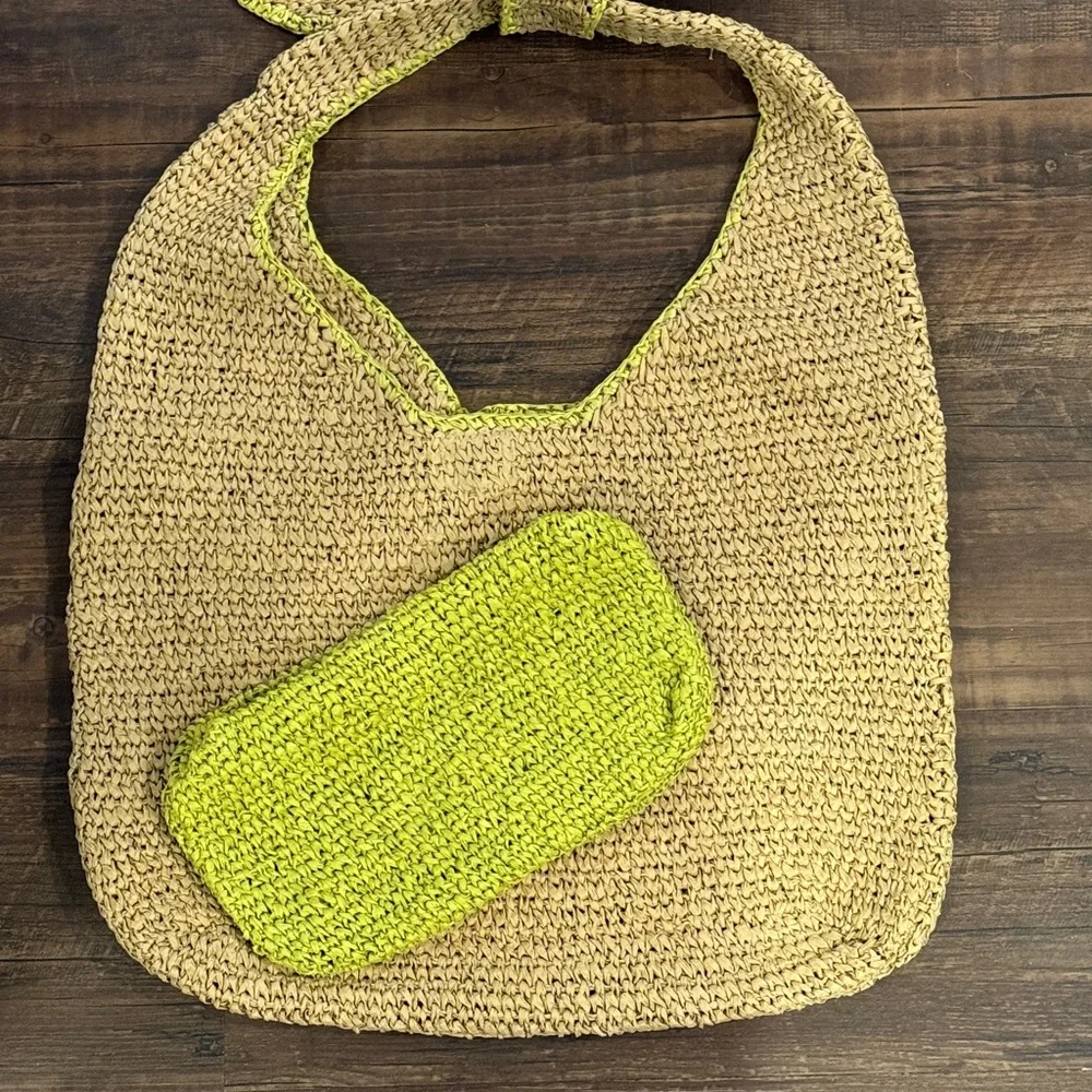 Woven Tan Tote with bright lime green Pouch - Picture 1 of 3